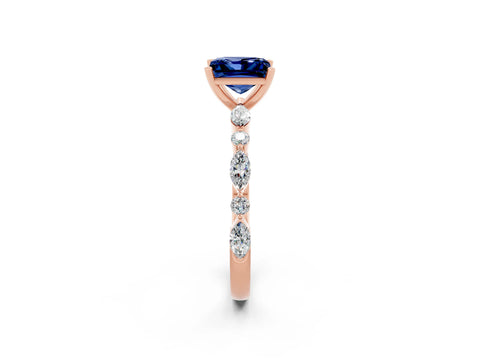 Rose gold Princess Cut Blue Sapphire Solitaire with Side Stones on a Pavé Band and Four-Prong Setting_2