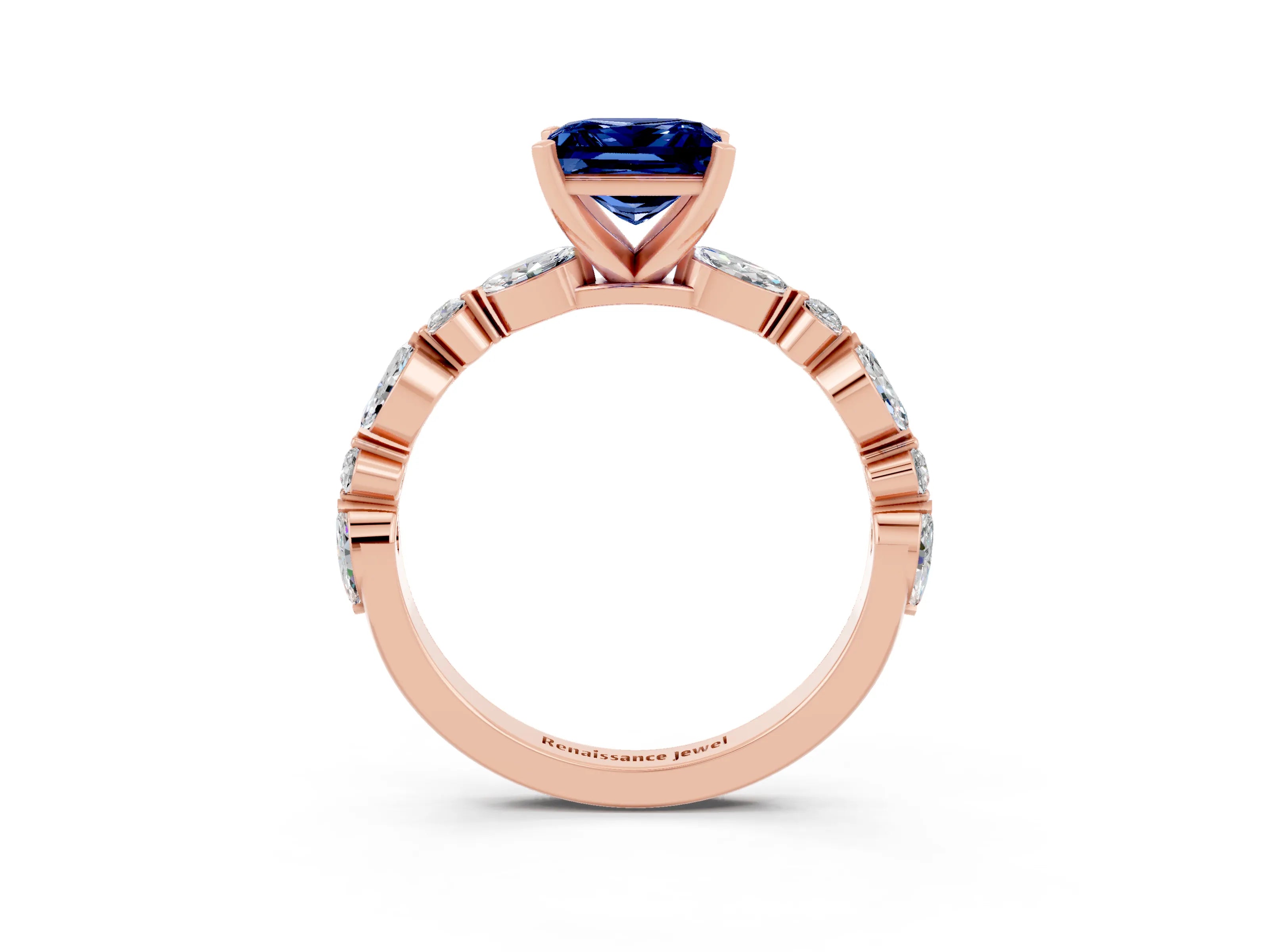 Rose gold Princess Cut Blue Sapphire Solitaire with Side Stones on a Pavé Band and Four-Prong Setting_3
