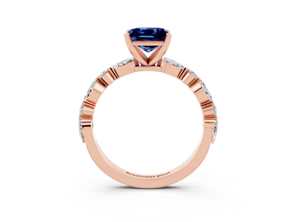 Rose gold Princess Cut Blue Sapphire Ring with Marquise and Round  Side Stones and Four-Prong Setting