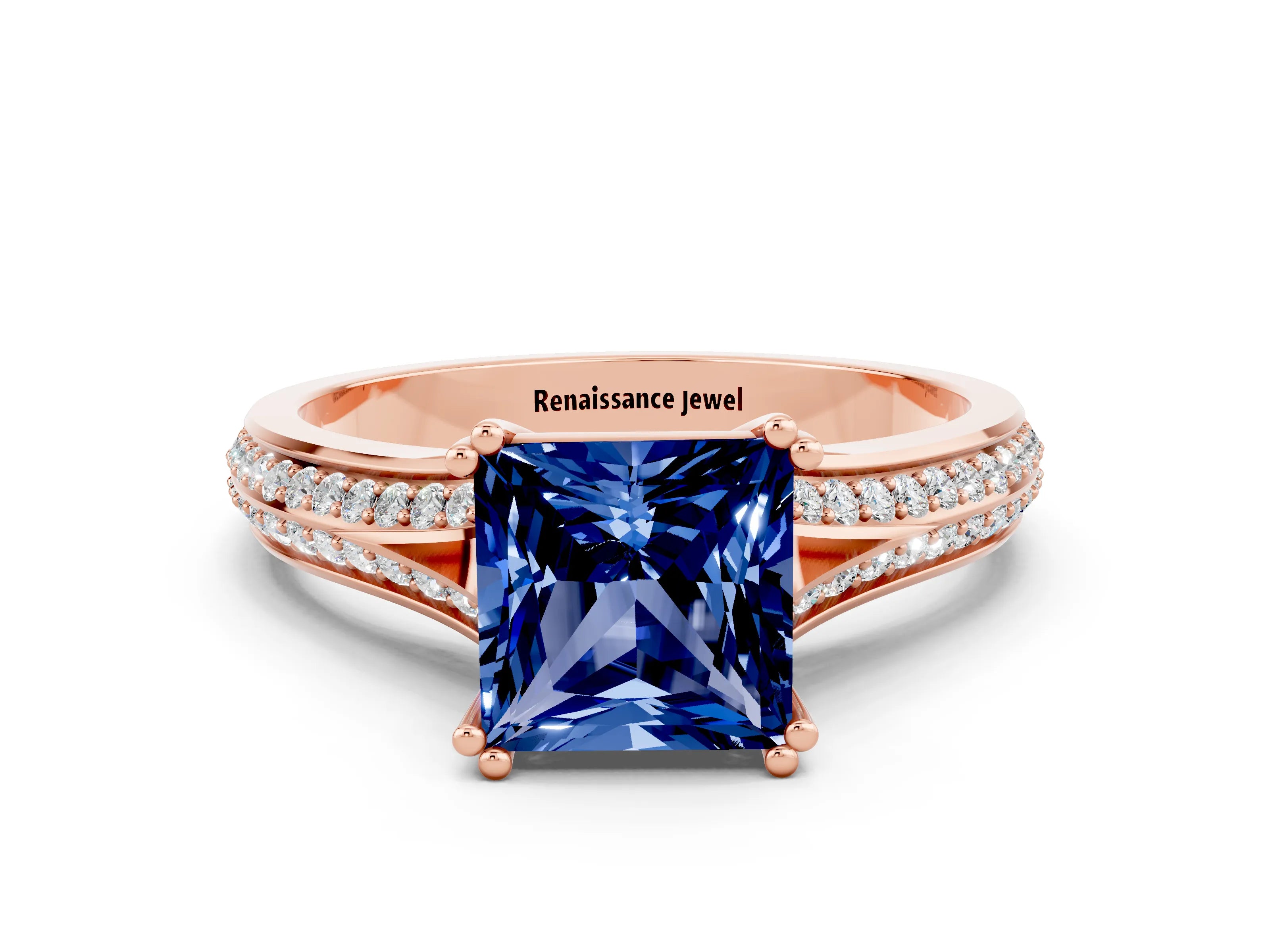 Rose gold Princess Cut Blue Sapphire Split Shank Engagement Ring with Pavé Band
