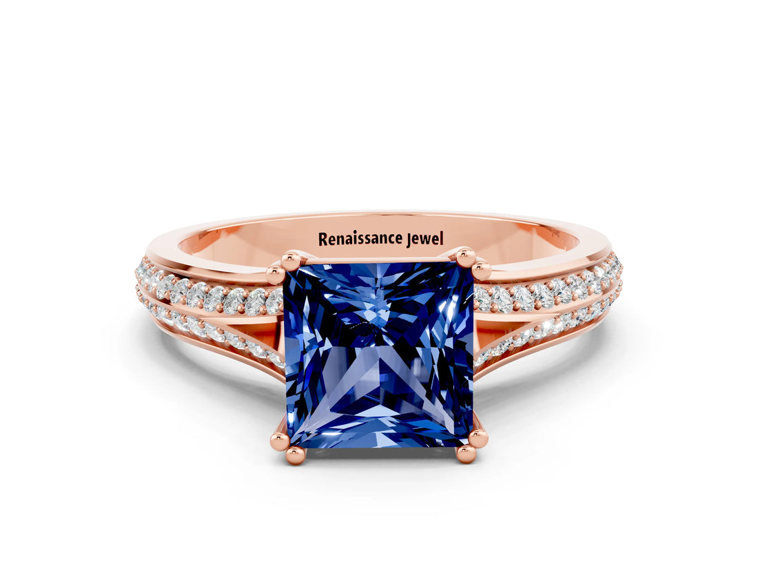 Rose gold Princess Cut Blue Sapphire Split Shank Engagement Ring with Pavé Band