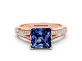 Rose gold Princess Cut Blue Sapphire Split Shank Engagement Ring with Pavé Band