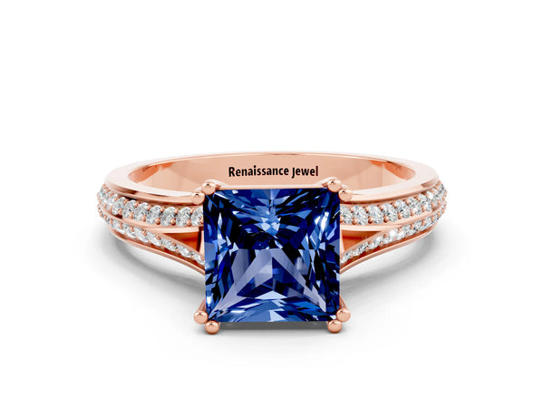 Rose gold Princess Cut Blue Sapphire Split Shank Engagement Ring with Pavé Band