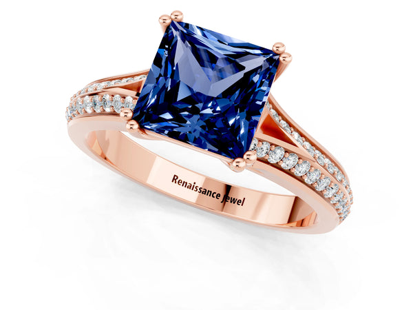 Rose gold Princess Cut Blue Sapphire Split Shank Engagement Ring with Pavé Band