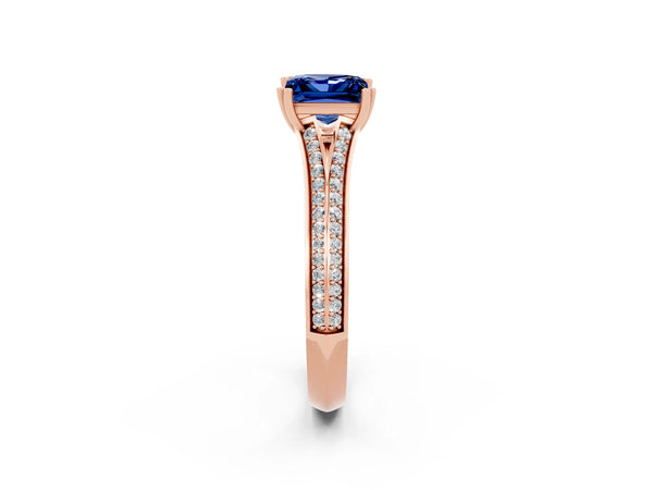 Rose gold Princess Cut Blue Sapphire Split Shank Engagement Ring with Pavé Band