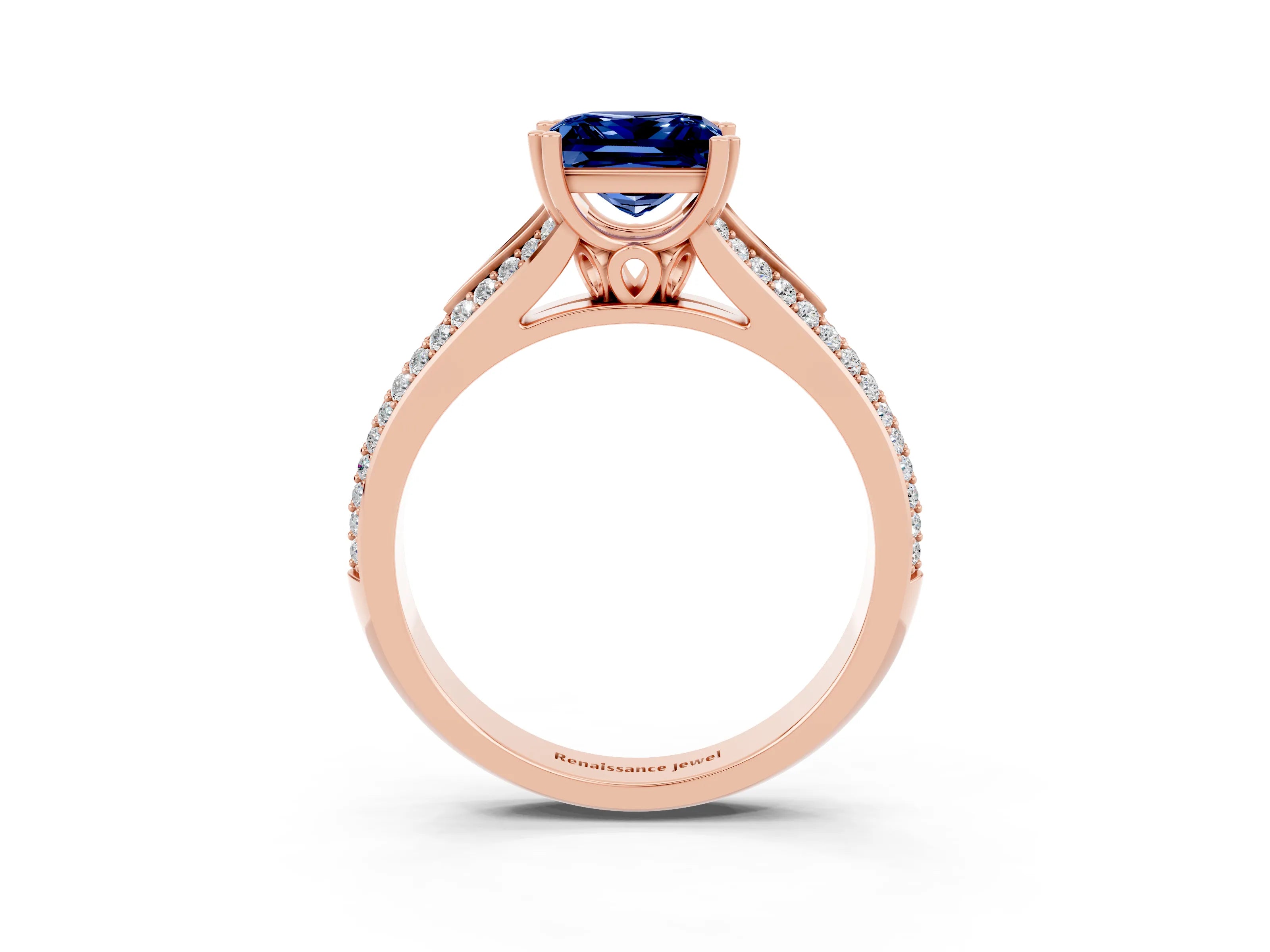 Rose gold Princess Cut Blue Sapphire Split Shank Engagement Ring with Pavé Band_3