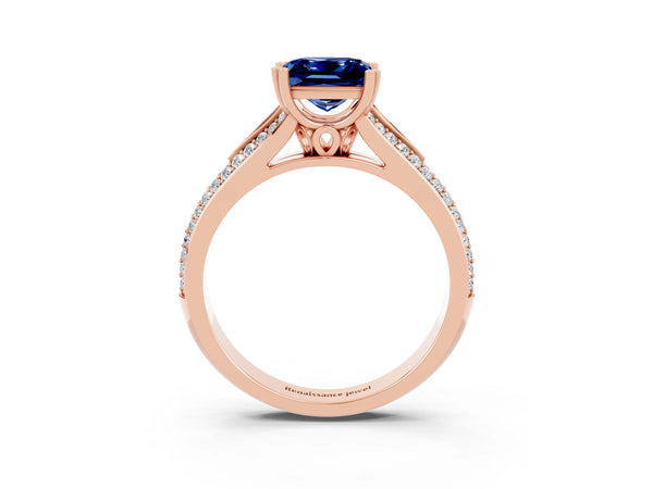 Rose gold Princess Cut Blue Sapphire Split Shank Engagement Ring with Pavé Band