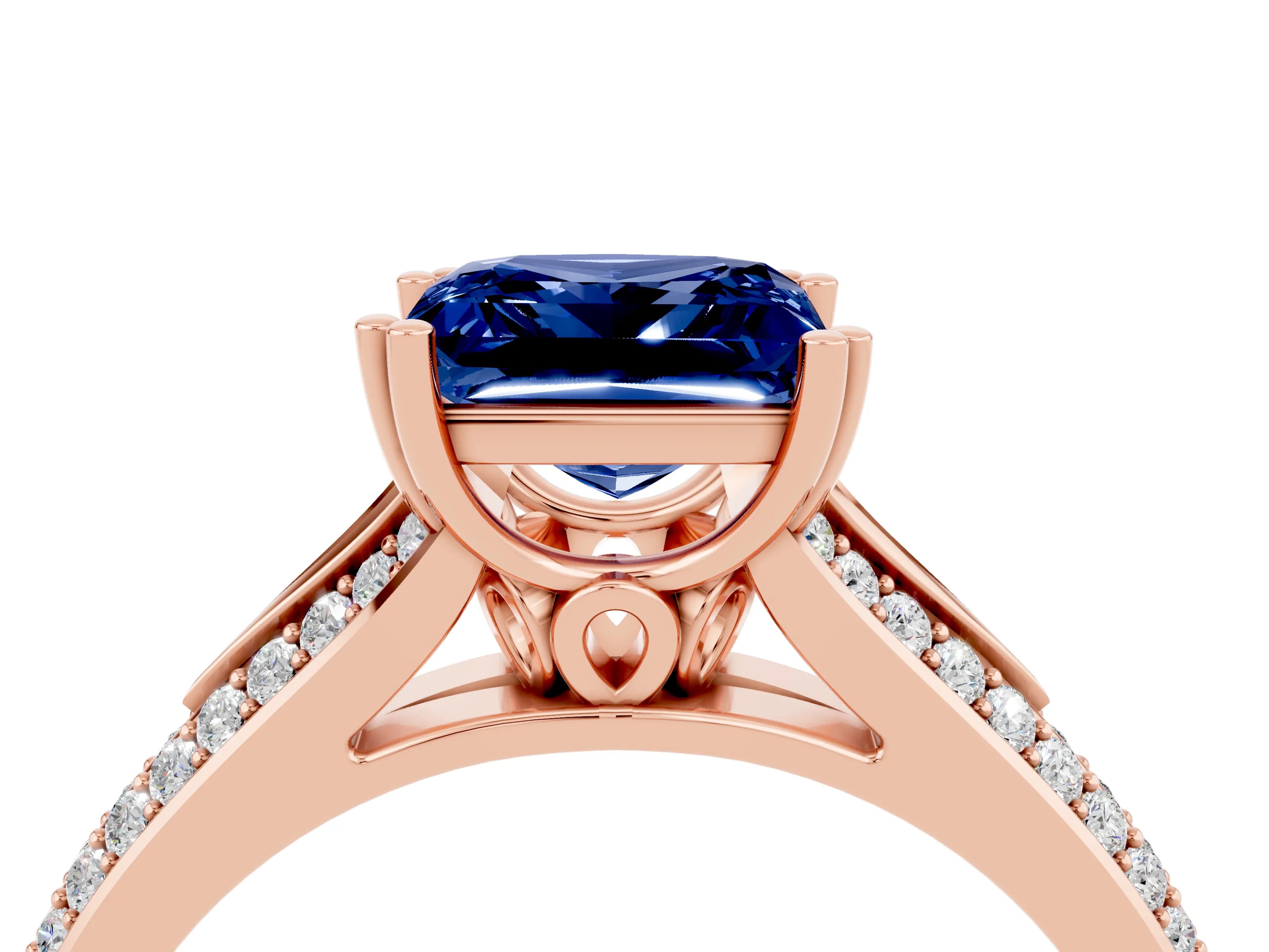 Rose gold Princess Cut Blue Sapphire Split Shank Engagement Ring with Pavé Band_4