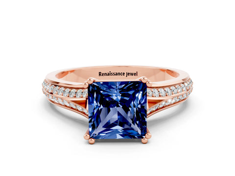 Rose gold Princess Cut Blue Sapphire Split Shank Engagement Ring with Pavé Band