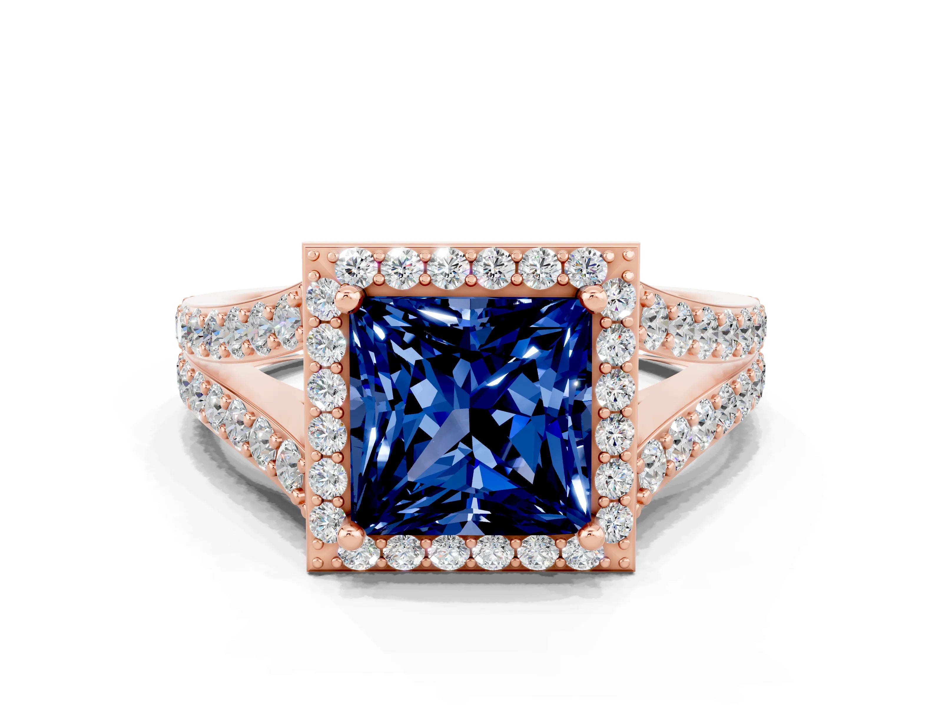 Rose gold Princess Cut Blue Sapphire Split Shank Halo Ring with Four-Prong Setting_12