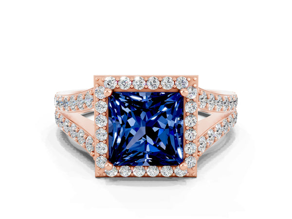 Rose gold Princess Cut Blue Sapphire Split Shank Halo Ring with Four-Prong Setting