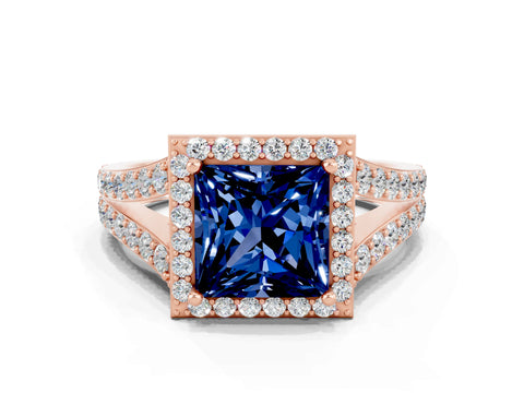 Rose gold Princess Cut Blue Sapphire Split Shank Halo Ring with Four-Prong Setting_12