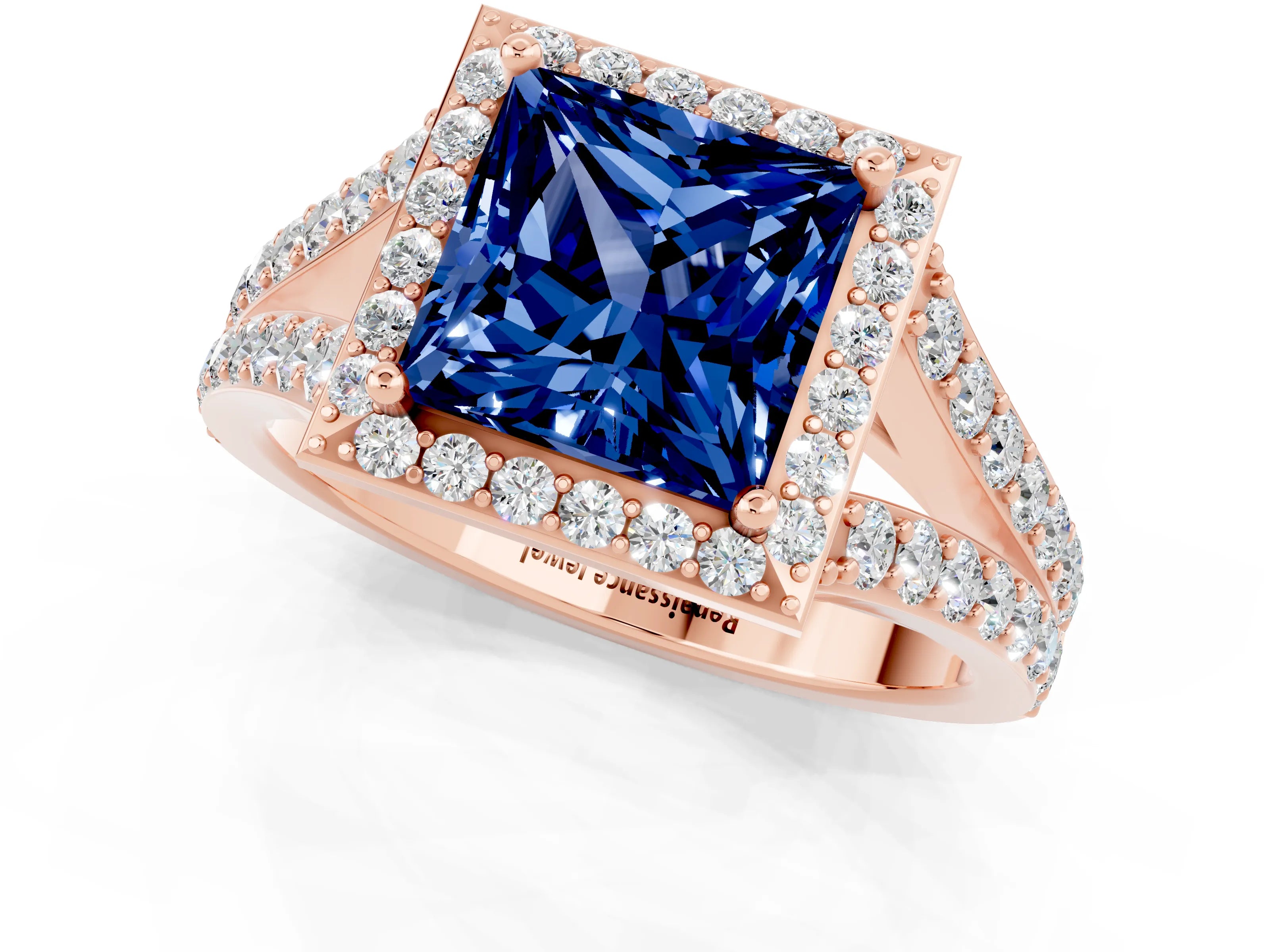 Rose gold Princess Cut Blue Sapphire Split Shank Halo Ring with Four-Prong Setting_13