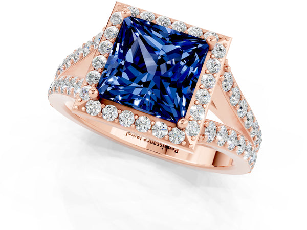 Rose gold Princess Cut Blue Sapphire Split Shank Halo Ring with Four-Prong Setting
