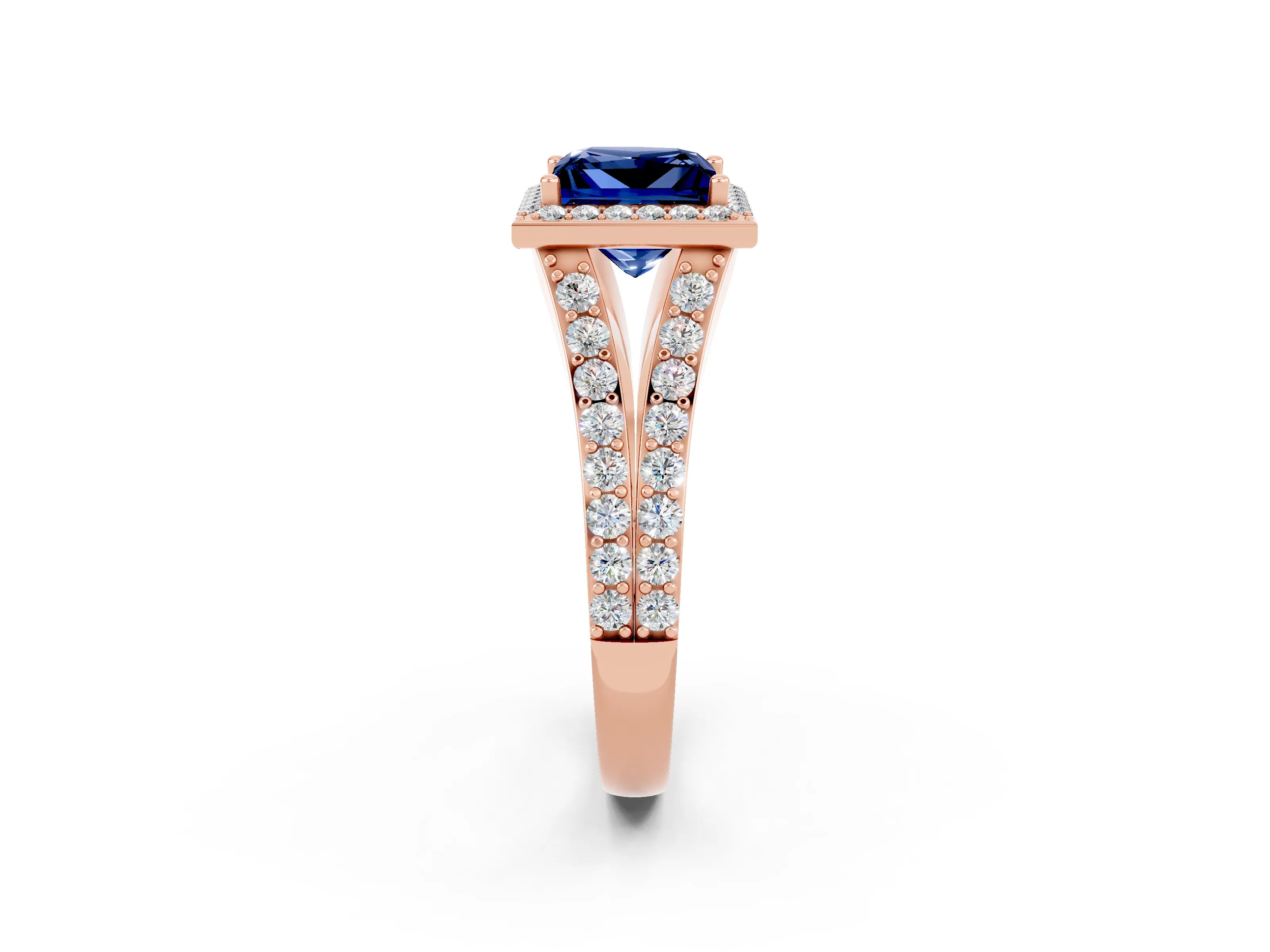Rose gold Princess Cut Blue Sapphire Split Shank Halo Ring with Four-Prong Setting_14