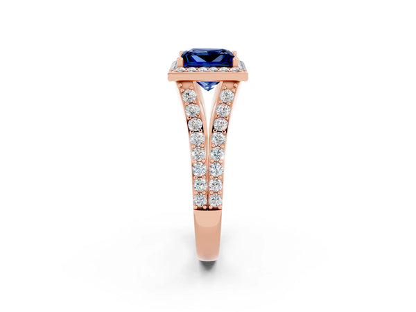 Rose gold Princess Cut Blue Sapphire Split Shank Halo Ring with Four-Prong Setting