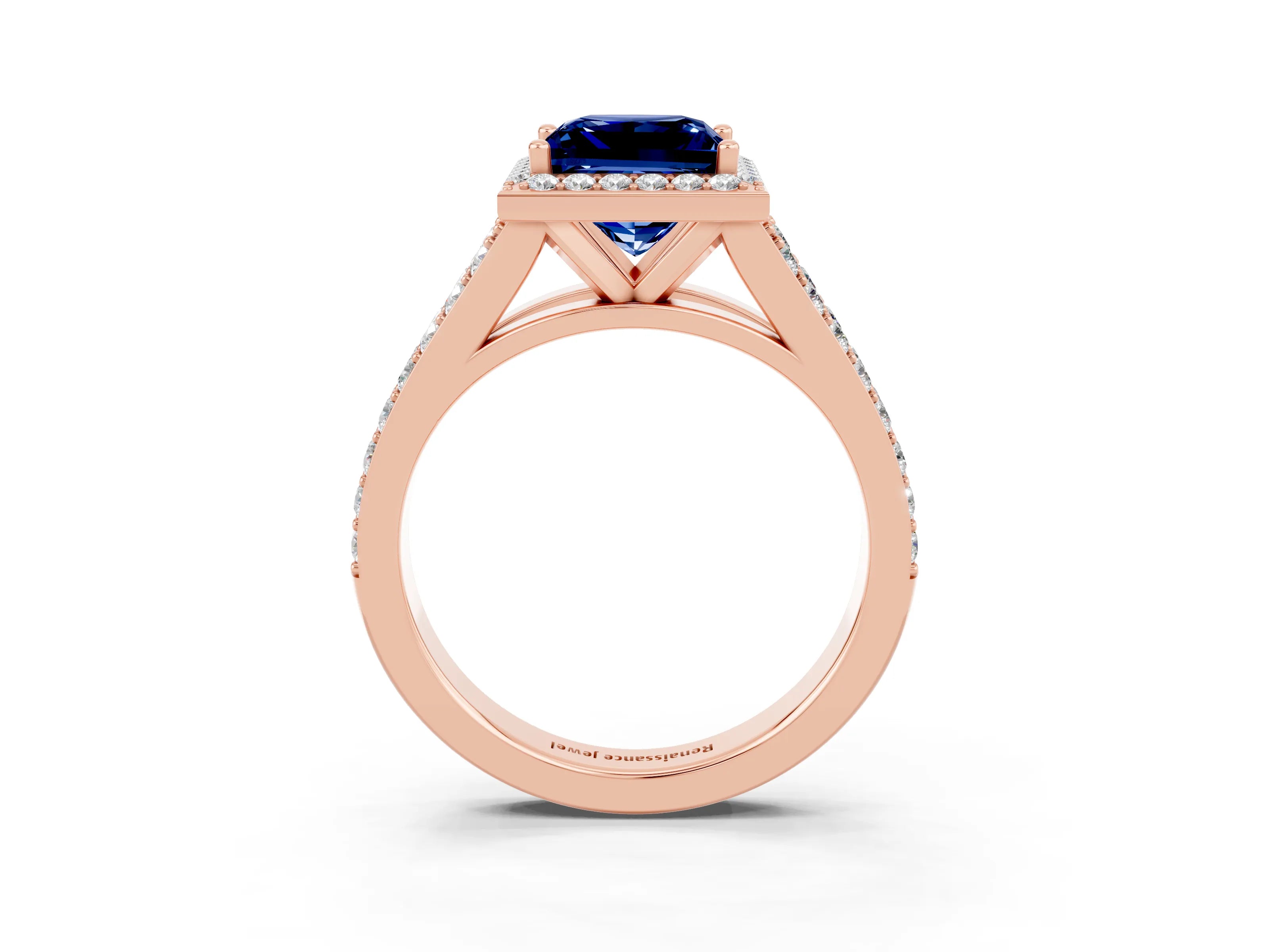 Rose gold Princess Cut Blue Sapphire Split Shank Halo Ring with Four-Prong Setting_15