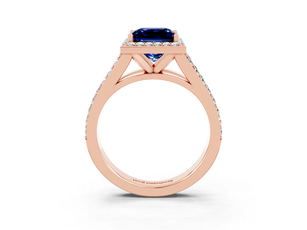 Rose gold Princess Cut Blue Sapphire Split Shank Halo Ring with Four-Prong Setting