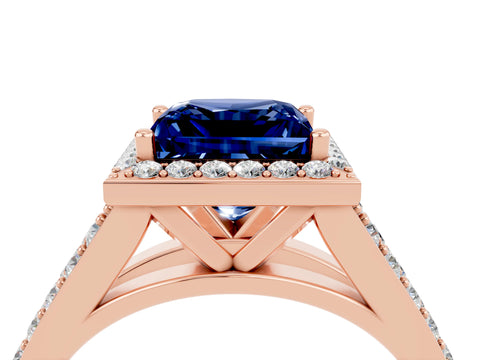 Rose gold Princess Cut Blue Sapphire Split Shank Halo Ring with Four-Prong Setting_16