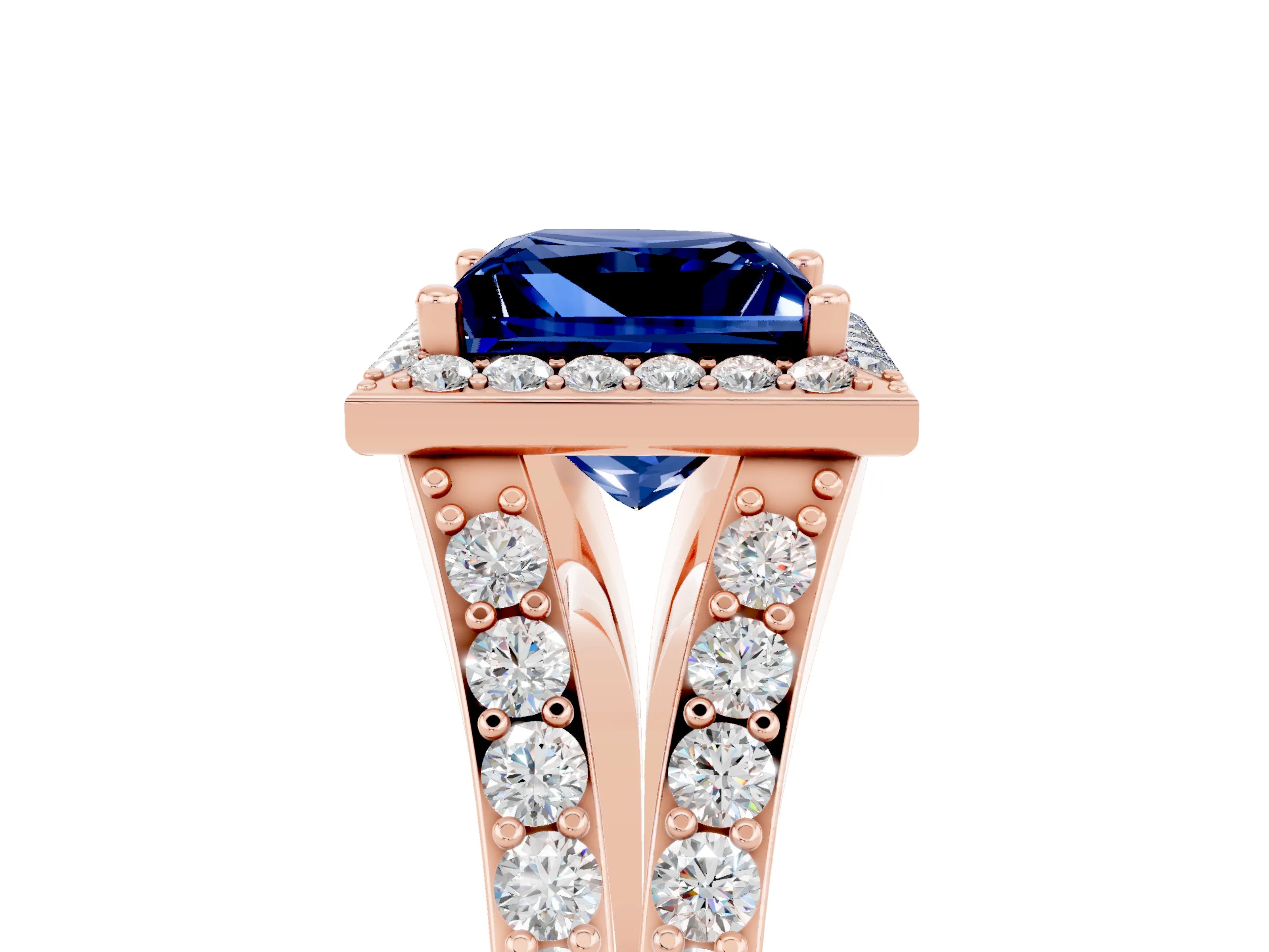 Rose gold Princess Cut Blue Sapphire Split Shank Halo Ring with Four-Prong Setting_17