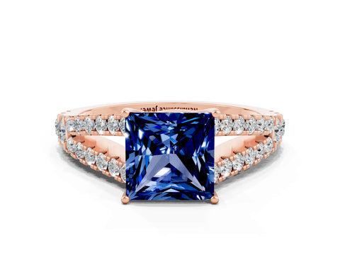 Rose gold Princess Cut Blue Sapphire Split Shank Pavé Engagement Ring with Four-Prong Setting_12