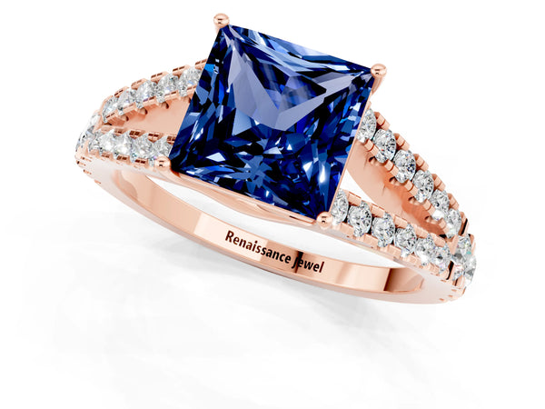 Rose gold Princess Cut Blue Sapphire Split Shank Pavé Engagement Ring with Four-Prong Setting