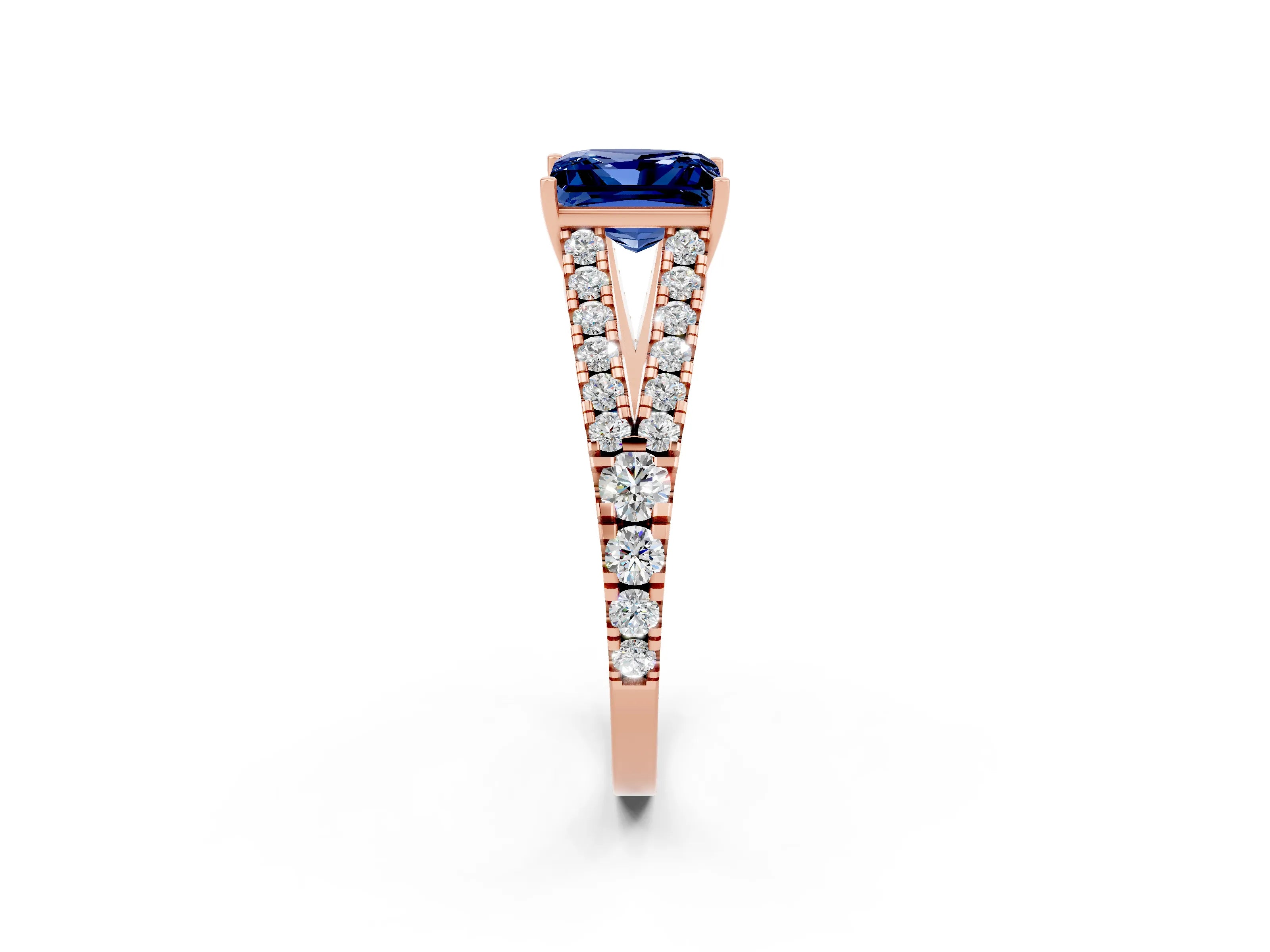 Rose gold Princess Cut Blue Sapphire Split Shank Pavé Engagement Ring with Four-Prong Setting_14