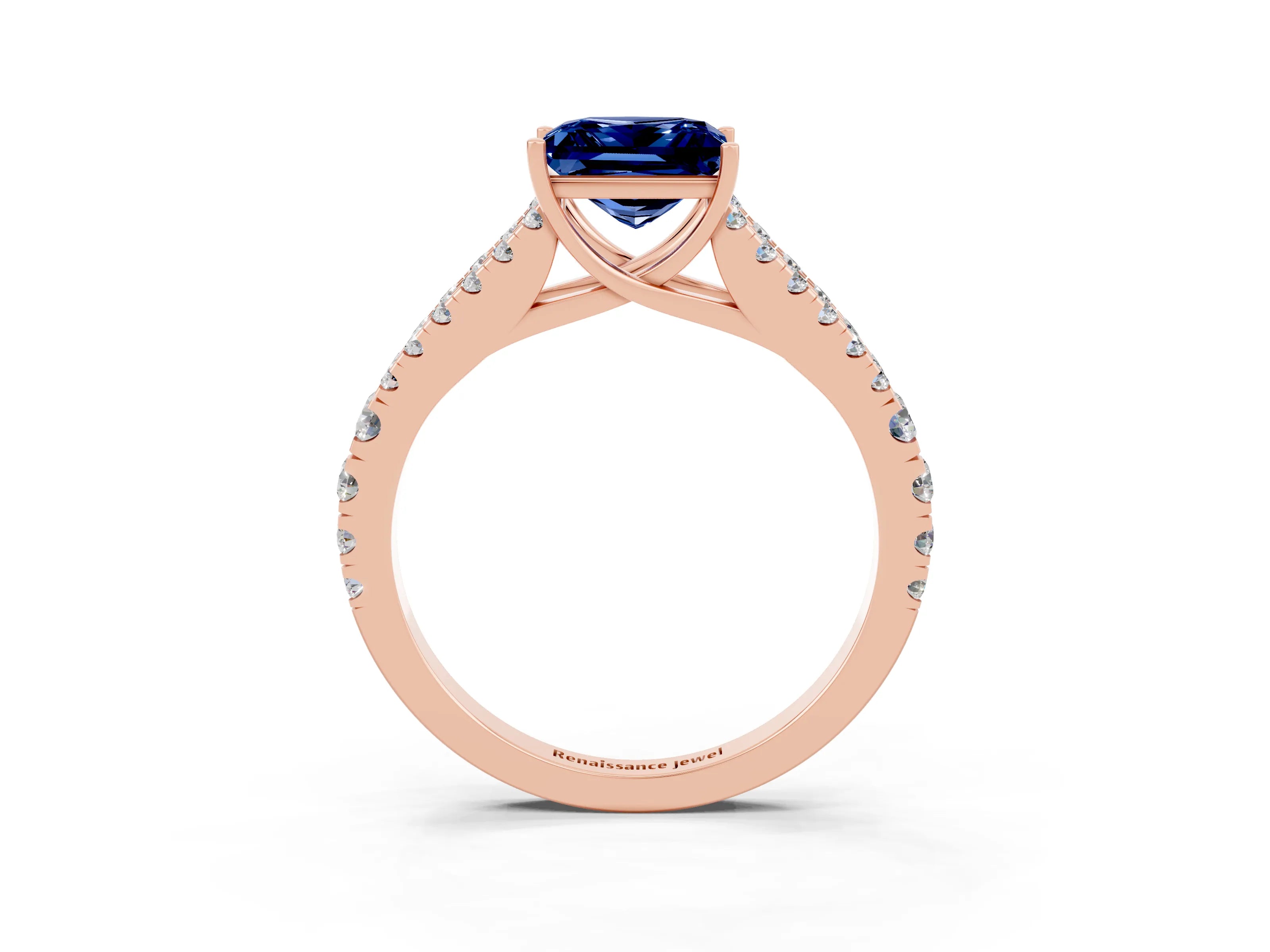 Rose gold Princess Cut Blue Sapphire Split Shank Pavé Engagement Ring with Four-Prong Setting_15