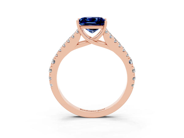 Rose gold Princess Cut Blue Sapphire Split Shank Pavé Engagement Ring with Four-Prong Setting