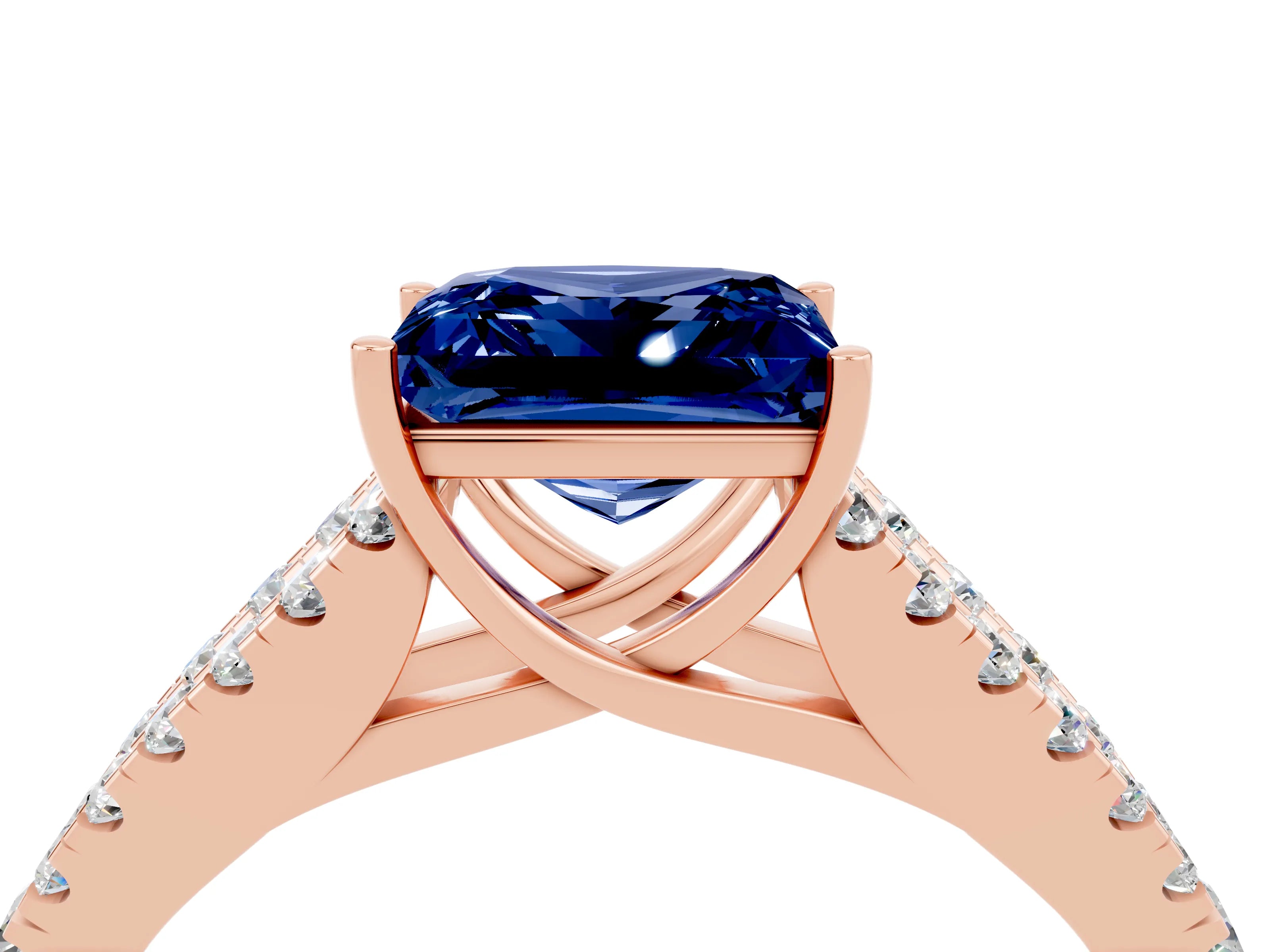 Rose gold Princess Cut Blue Sapphire Split Shank Pavé Engagement Ring with Four-Prong Setting_16