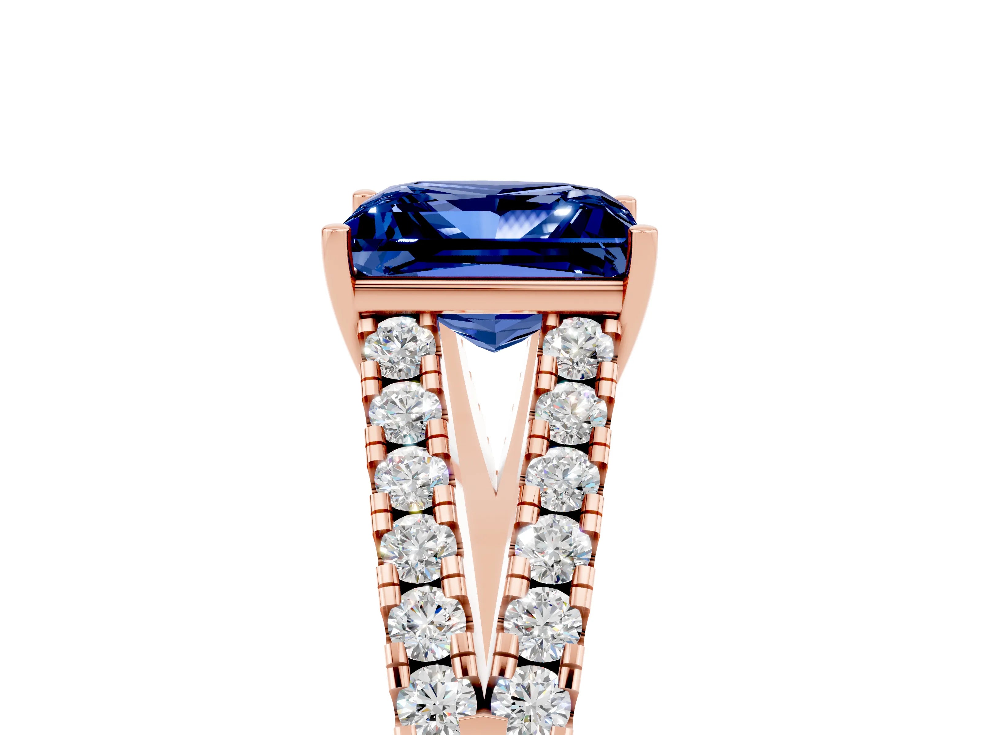 Rose gold Princess Cut Blue Sapphire Split Shank Pavé Engagement Ring with Four-Prong Setting_17