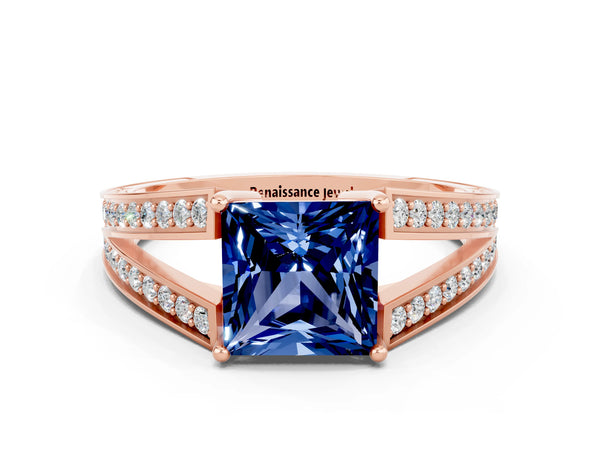 Rose gold Princess Cut Blue Sapphire Split Shank Ring with Pavé Band and Four-Prong Setting