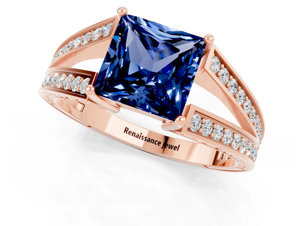 Rose gold Princess Cut Blue Sapphire Split Shank Ring with Pavé Band and Four-Prong Setting