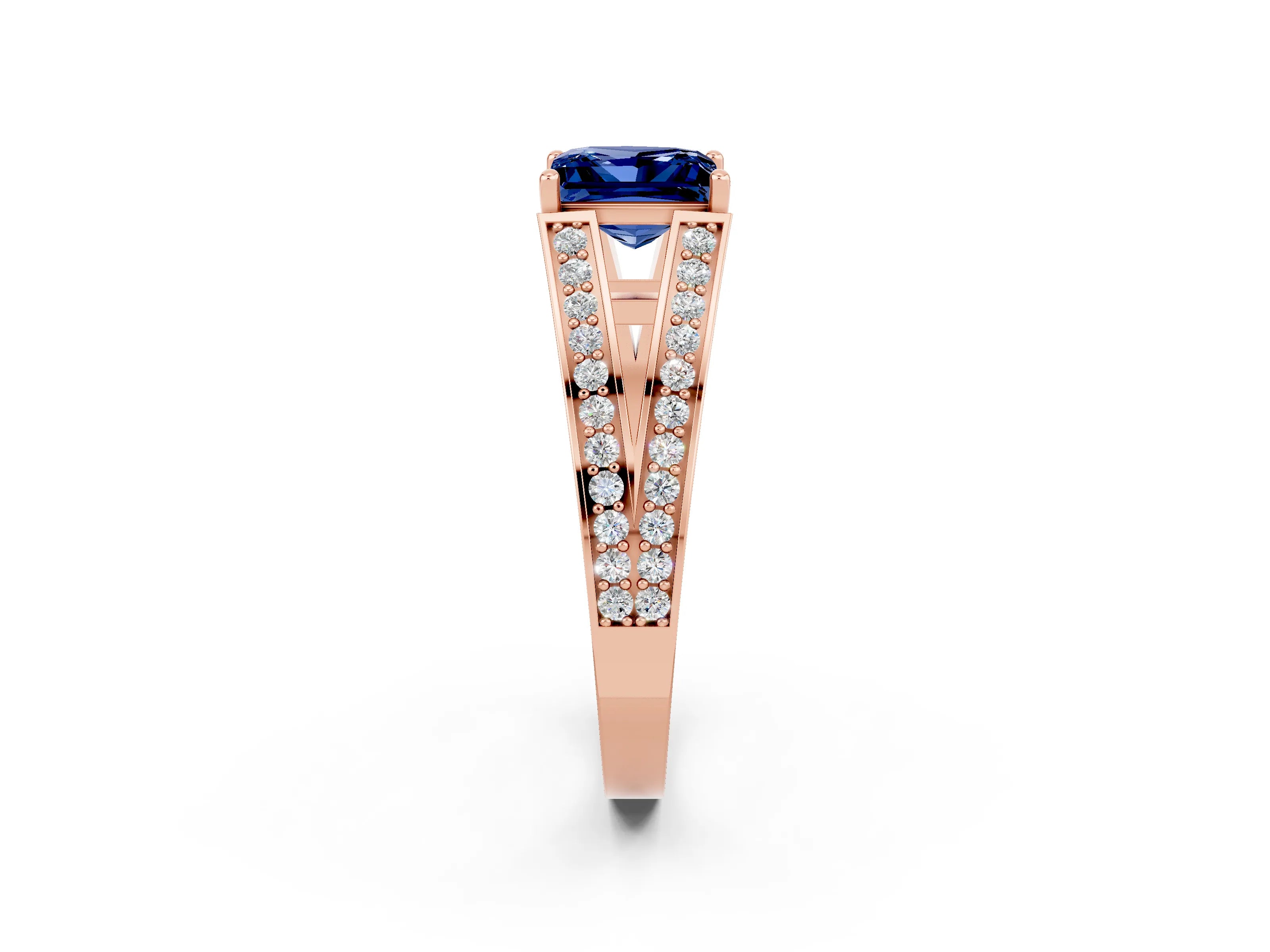 Rose gold Princess Cut Blue Sapphire Split Shank Ring with Pavé Band and Four-Prong Setting_2