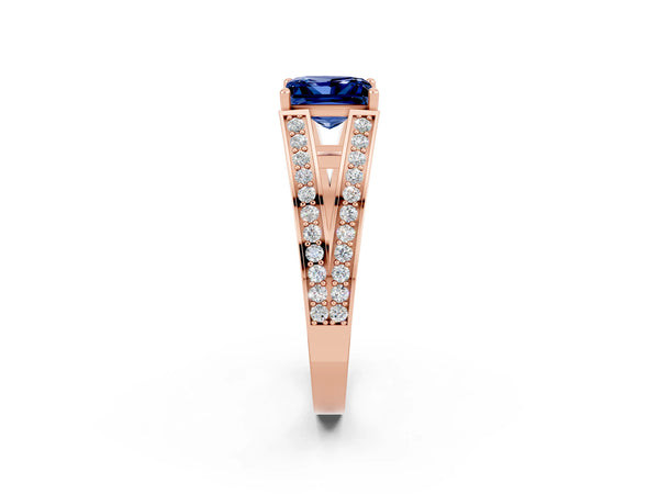 Rose gold Princess Cut Blue Sapphire Split Shank Ring with Pavé Band and Four-Prong Setting