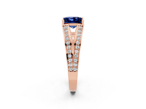 Rose gold Princess Cut Blue Sapphire Split Shank Ring with Pavé Band and Four-Prong Setting_2