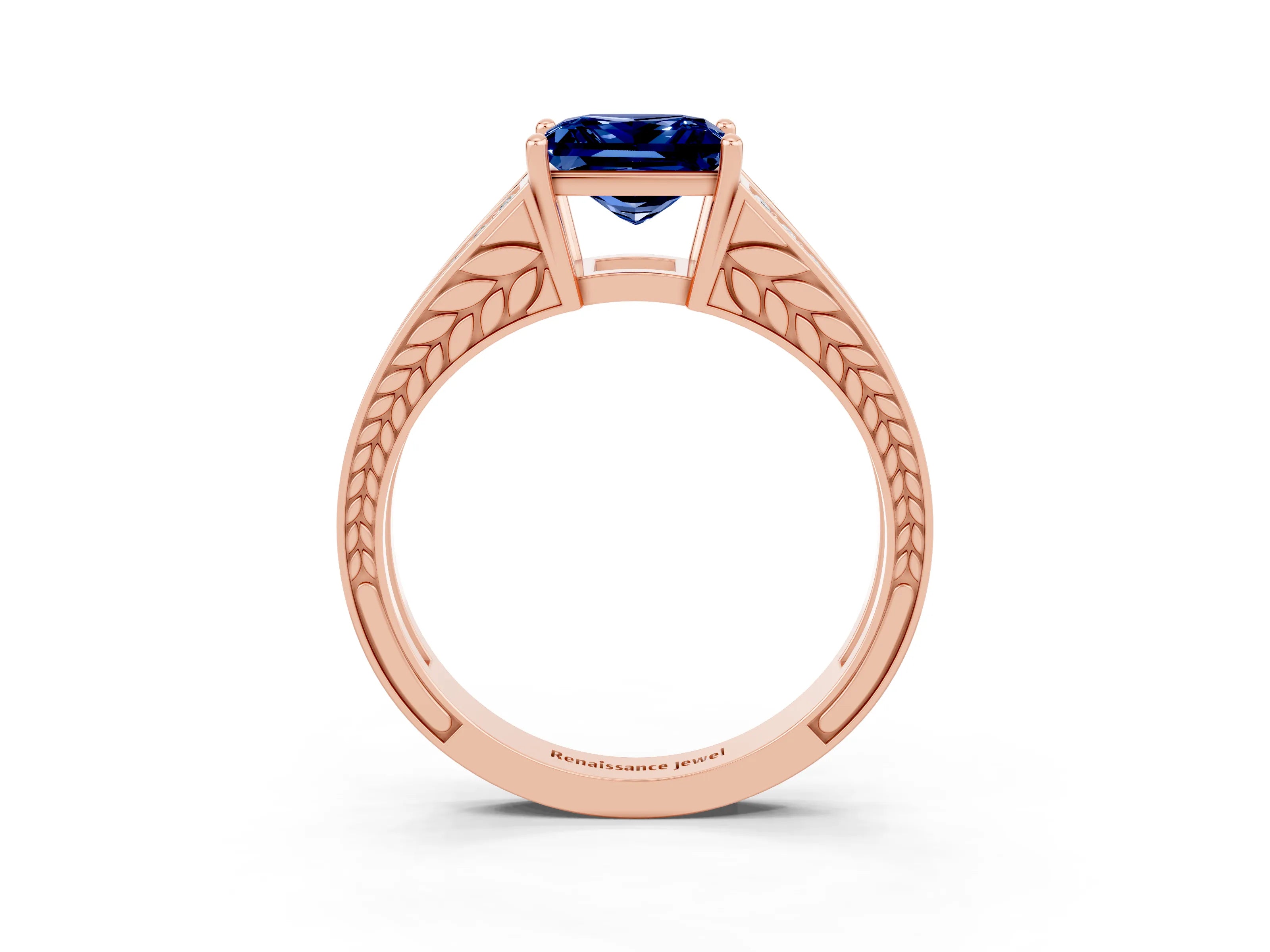Rose gold Princess Cut Blue Sapphire Split Shank Ring with Pavé Band and Four-Prong Setting_3