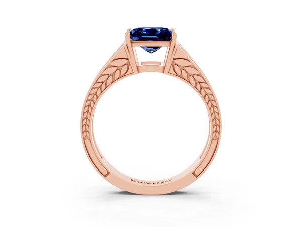Rose gold Princess Cut Blue Sapphire Split Shank Ring with Pavé Band and Four-Prong Setting