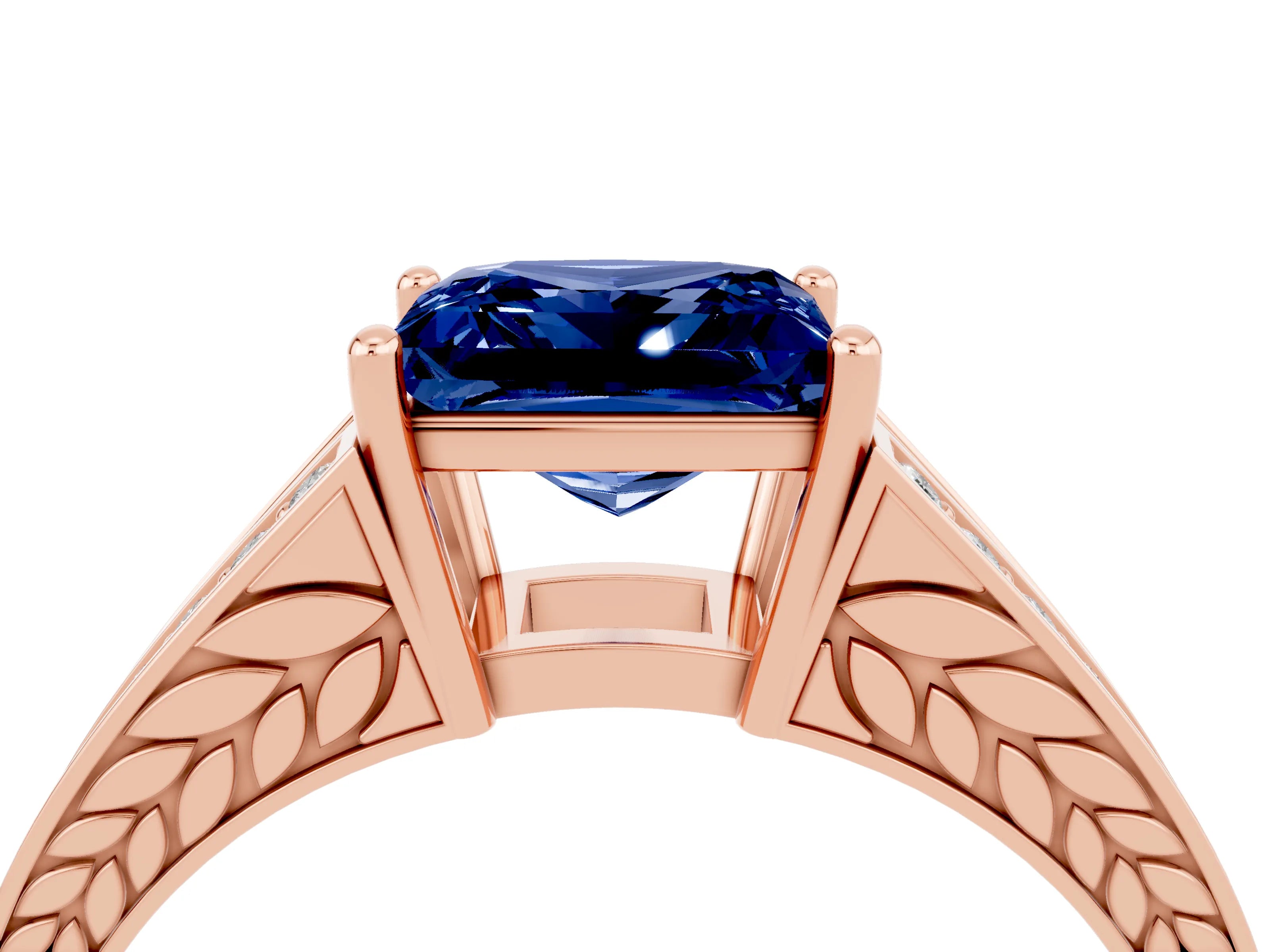 Rose gold Princess Cut Blue Sapphire Split Shank Ring with Pavé Band and Four-Prong Setting_4