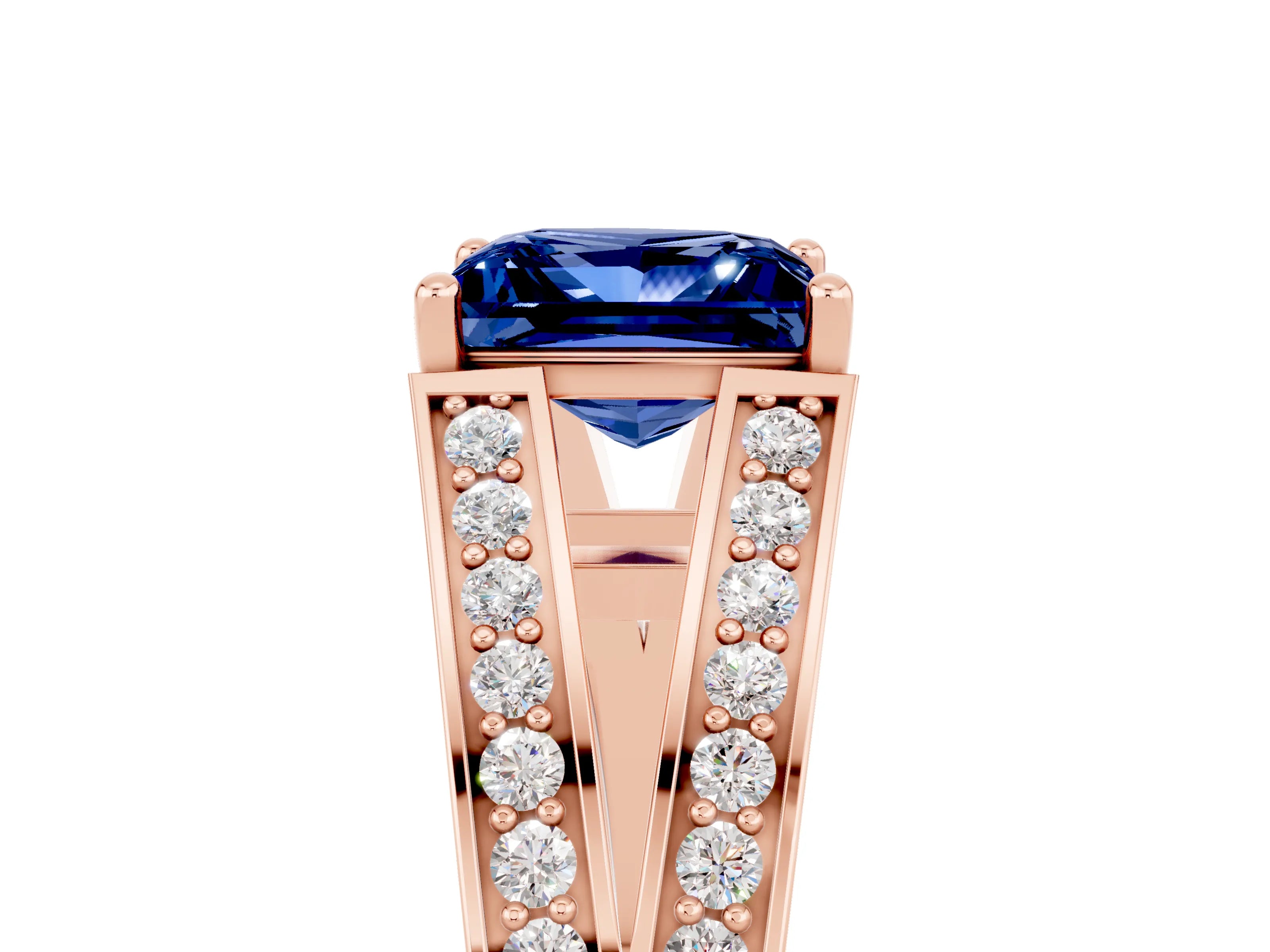 Rose gold Princess Cut Blue Sapphire Split Shank Ring with Pavé Band and Four-Prong Setting_5