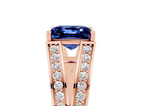 Rose gold Princess Cut Blue Sapphire Split Shank Ring with Pavé Band and Four-Prong Setting_5