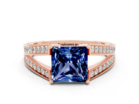 Rose gold Princess Cut Blue Sapphire Split Shank Ring with Pavé Band and Four-Prong Setting