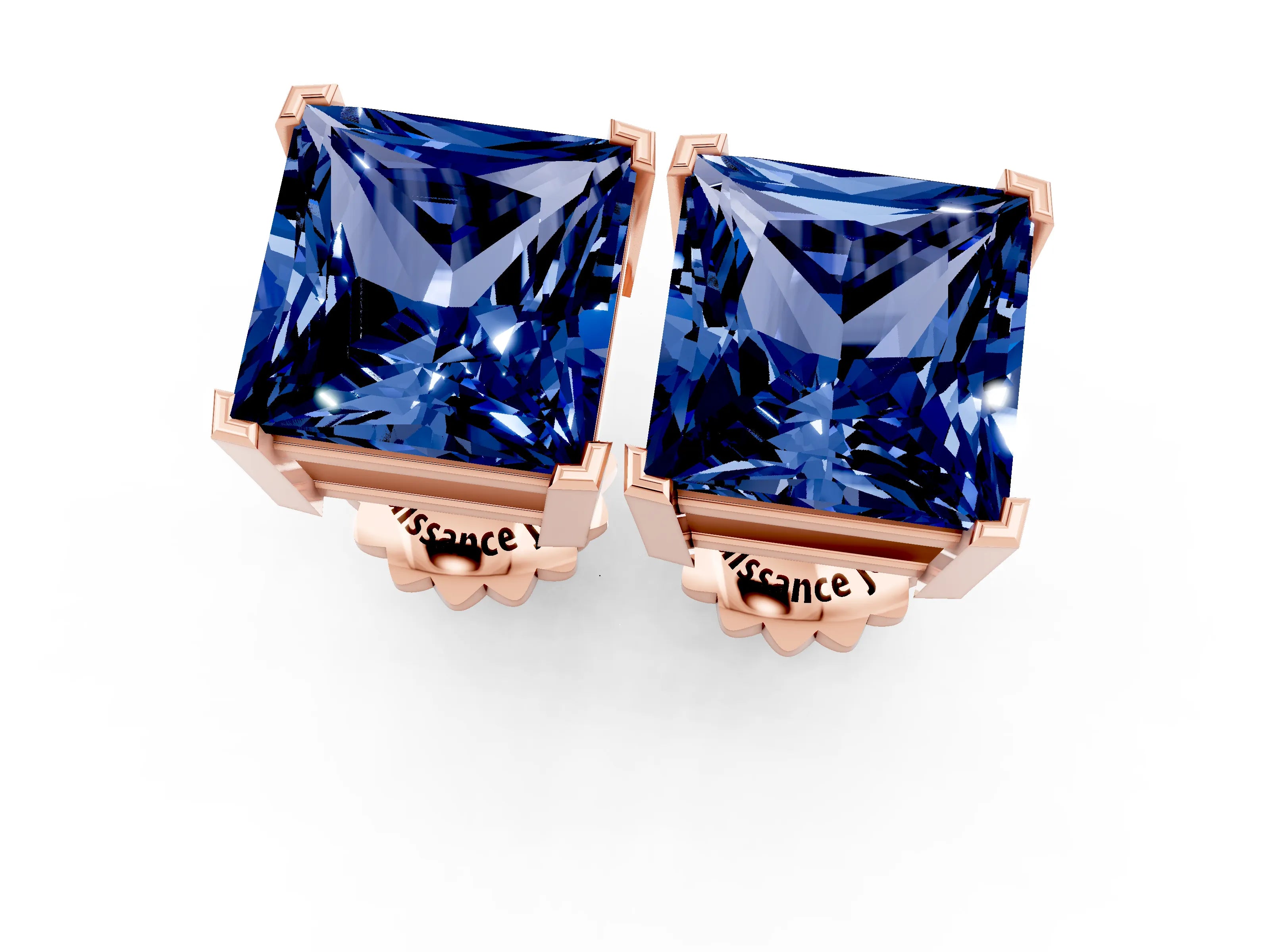 Rose gold Princess Cut Blue Sapphire Stud Earrings_19