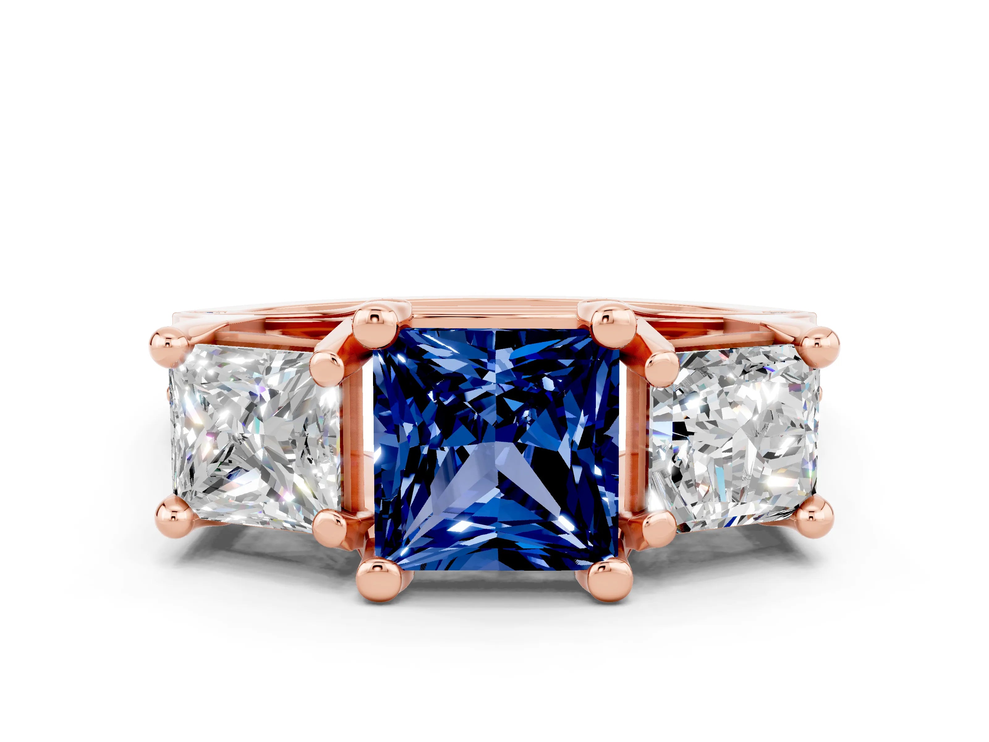 Rose gold Princess Cut Blue Sapphire Three-Stone Ring with Channel Set Band and Four-Prong Setting