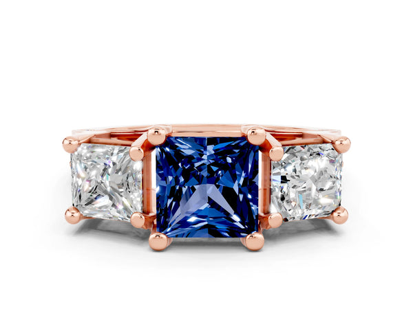 Rose gold Princess Cut Blue Sapphire Three-Stone Ring with Channel Set Band and Four-Prong Setting
