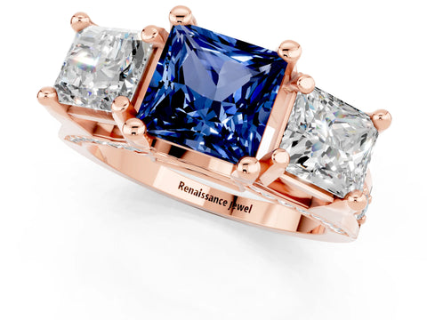 Rose gold Princess Cut Blue Sapphire Three-Stone Ring with Channel Set Band and Four-Prong Setting_1