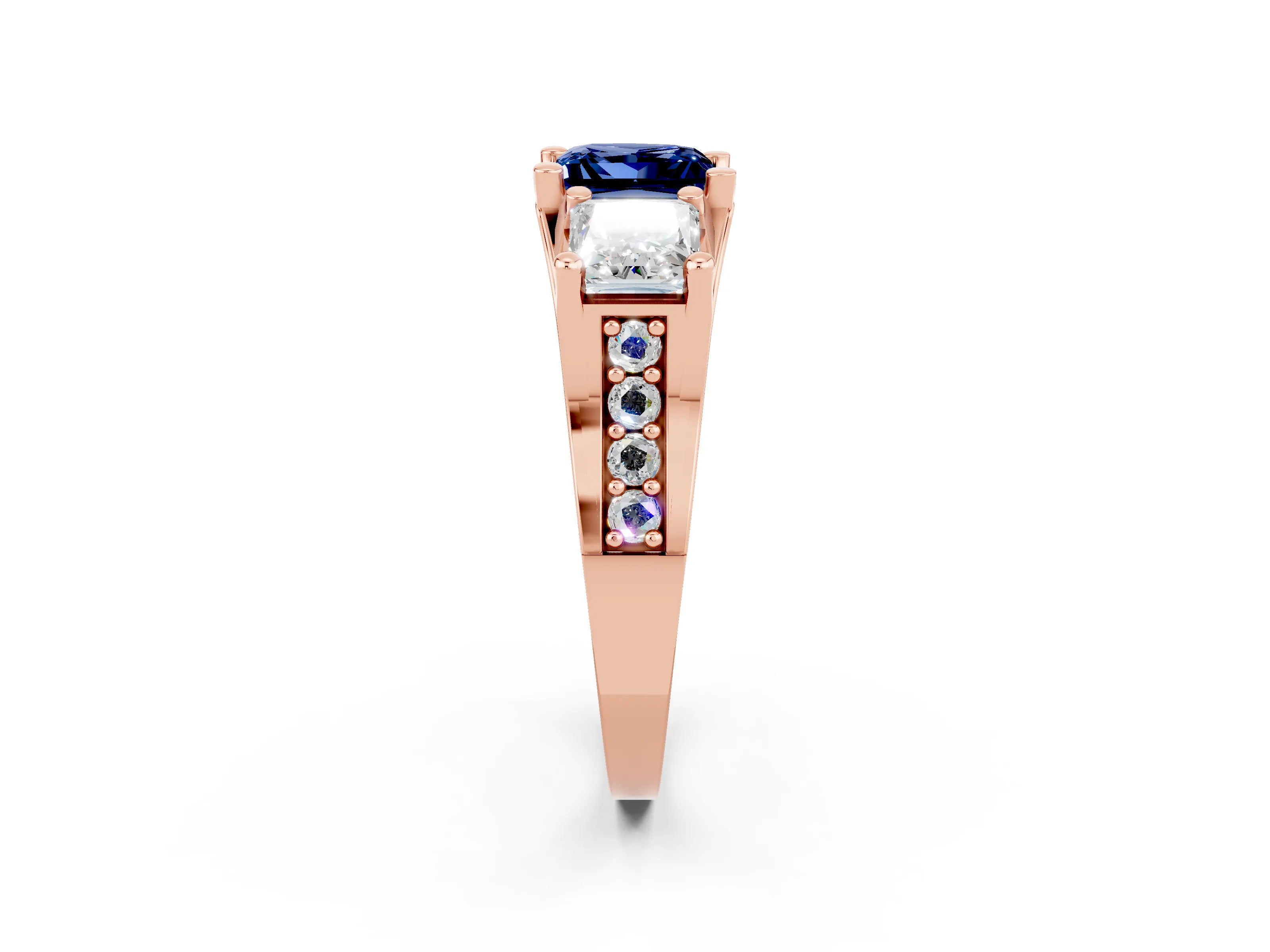 Rose gold Princess Cut Blue Sapphire Three-Stone Ring with Channel Set Band and Four-Prong Setting_2