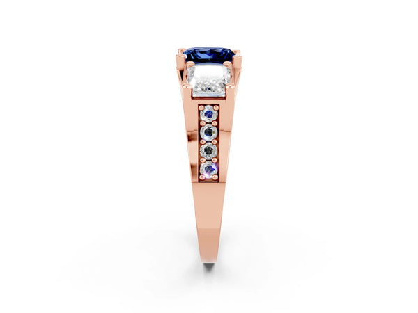 Rose gold Princess Cut Blue Sapphire Three-Stone Ring with Channel Set Band and Four-Prong Setting