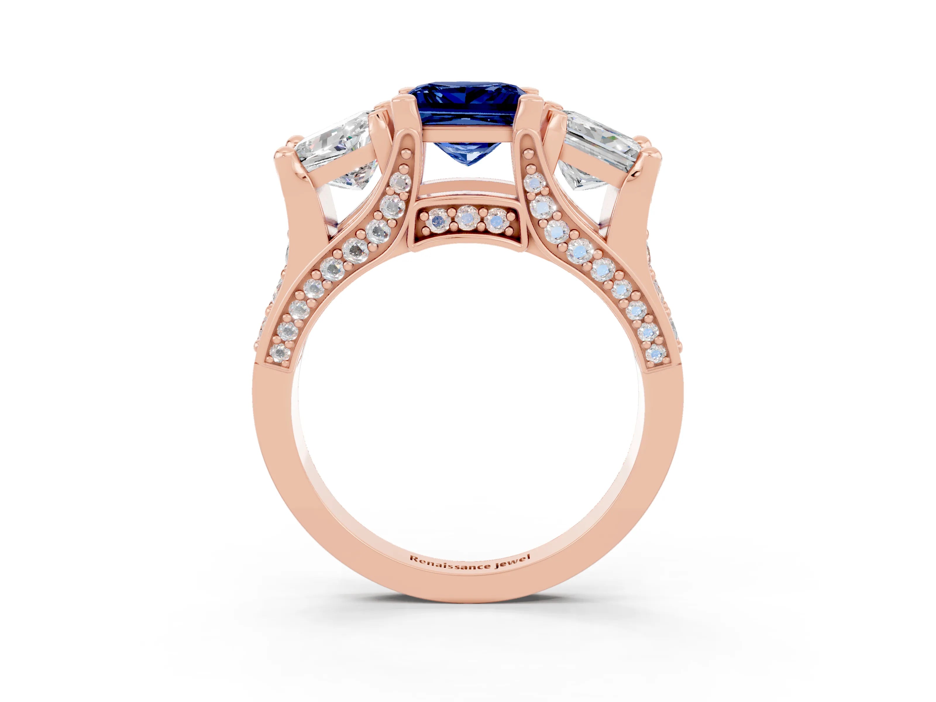Rose gold Princess Cut Blue Sapphire Three-Stone Ring with Channel Set Band and Four-Prong Setting_3