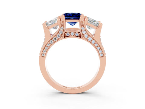 Rose gold Princess Cut Blue Sapphire Three-Stone Ring with Channel Set Band and Four-Prong Setting_3